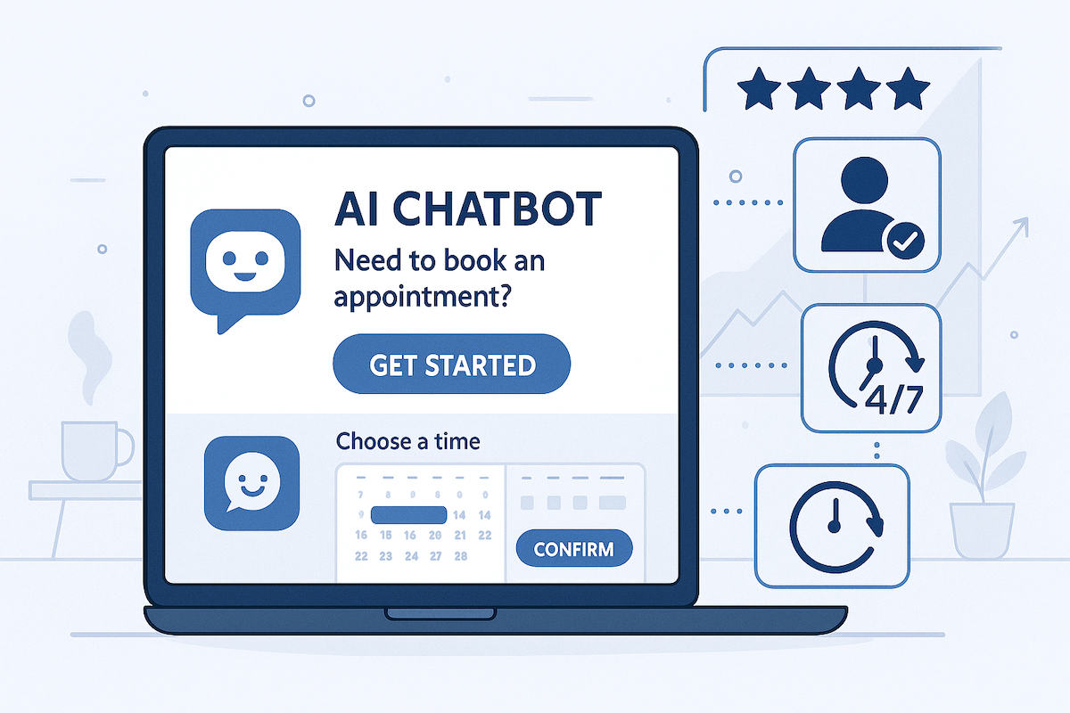 AI chatbot conversation interface booking an appointment on a local service business website with a happy client icon