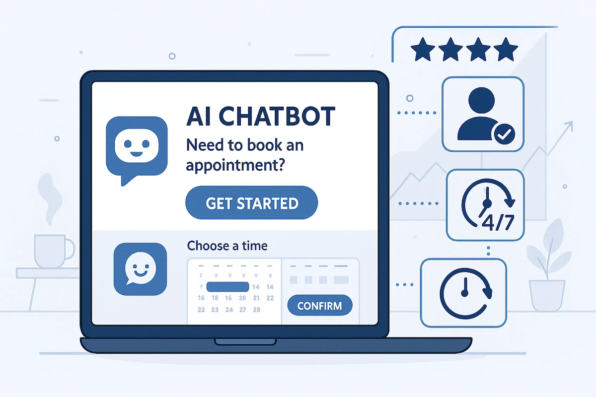AI chatbot conversation interface booking an appointment on a local service business website with a happy client icon