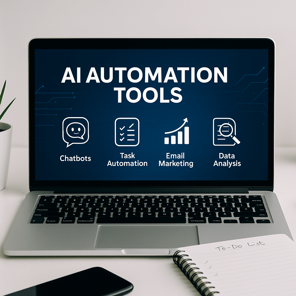 Dashboard of AI tools with icons representing automation, chatbots, and productivity apps