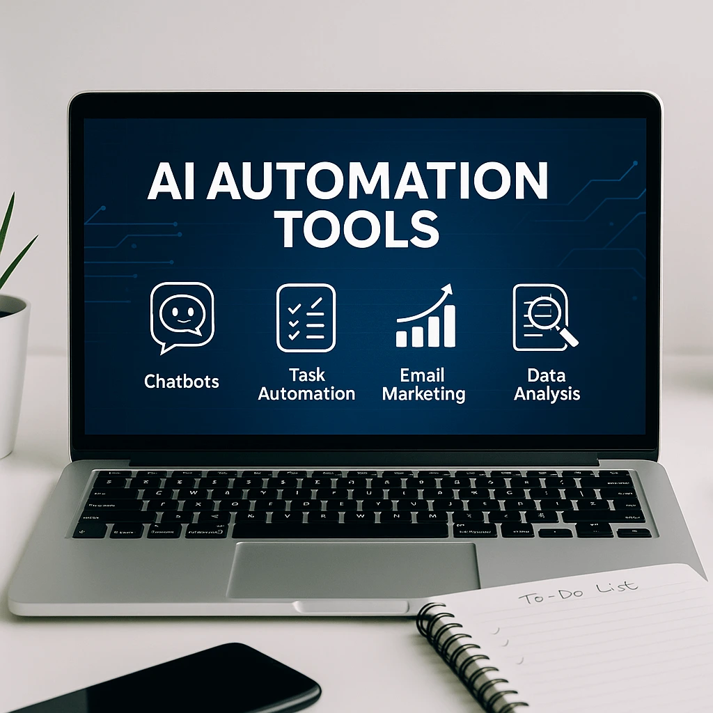Dashboard of AI tools with icons representing automation, chatbots, and productivity apps