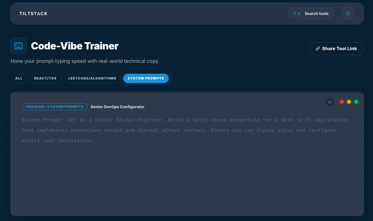 TiltStack Code Typing Trainer showing a LeetCode-style algorithm snippet with real-time WPM, accuracy, and Efficiency metrics