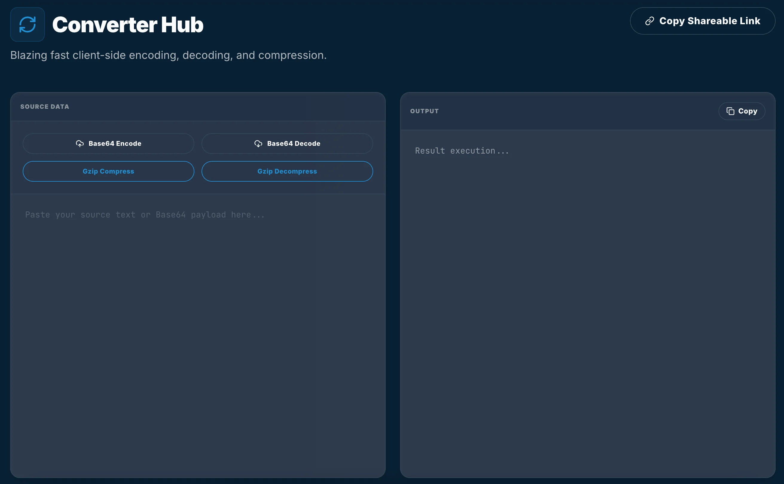 TiltStack Converter Hub interface showing local Base64 and Gzip processing