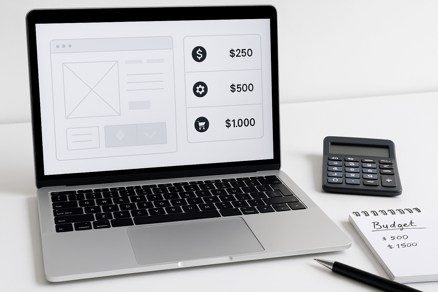 Calculator and laptop displaying TiltStack web design pricing tiers and cost factors