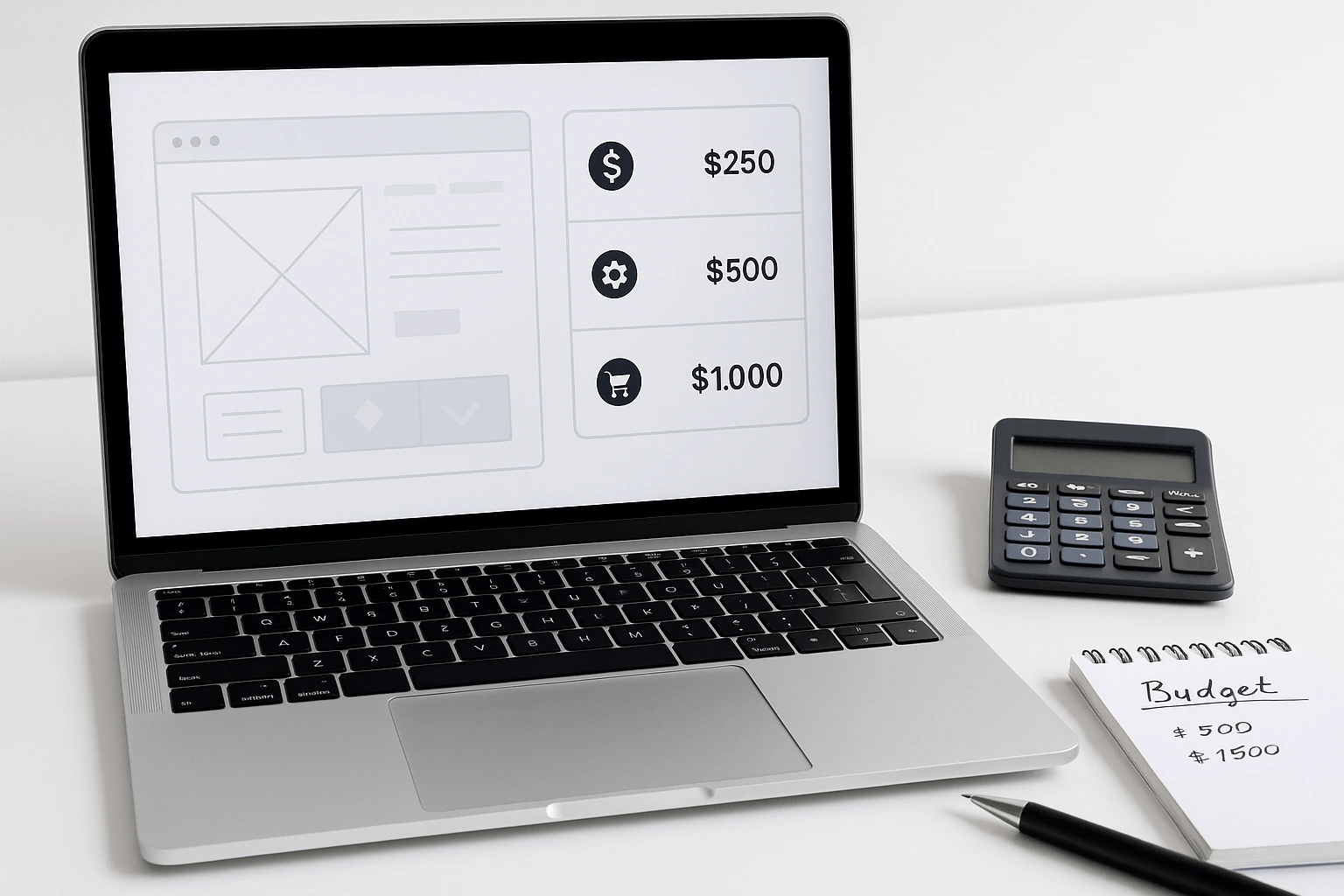 Calculator and laptop displaying TiltStack web design pricing tiers and cost factors