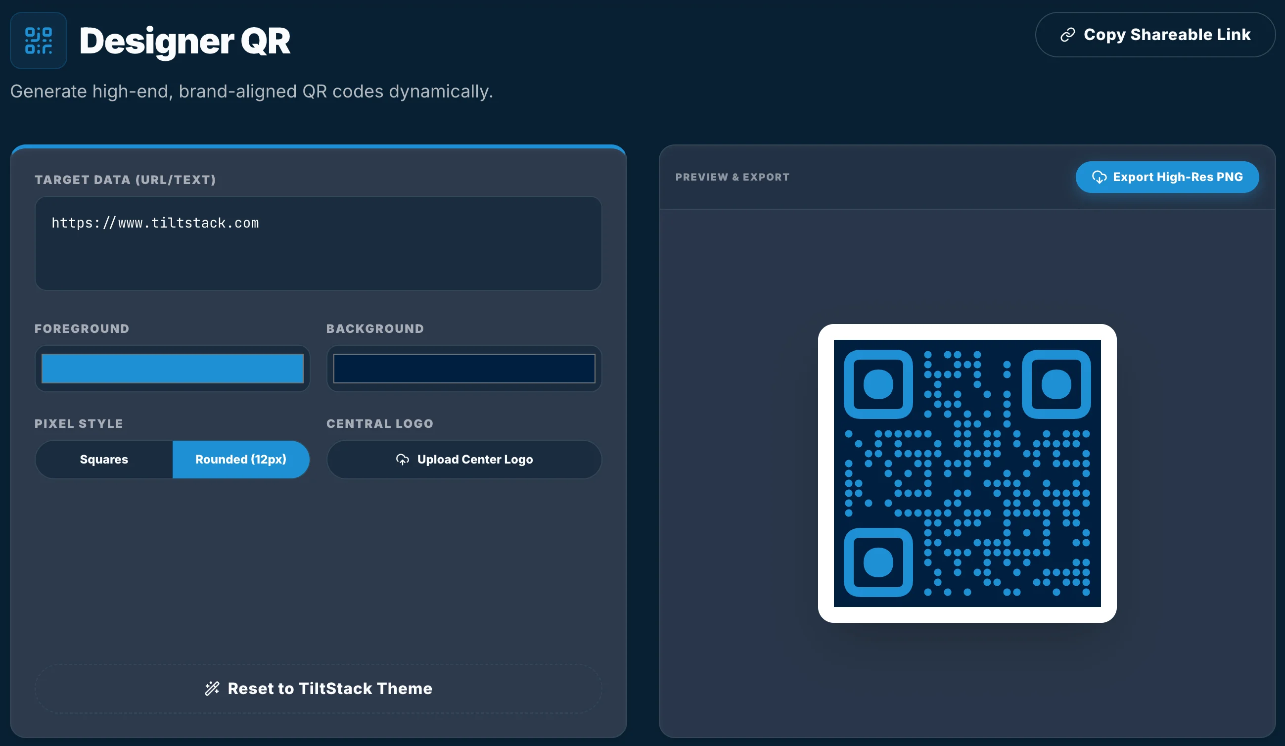 TiltStack Designer QR interface showing high-resolution SVG QR generation