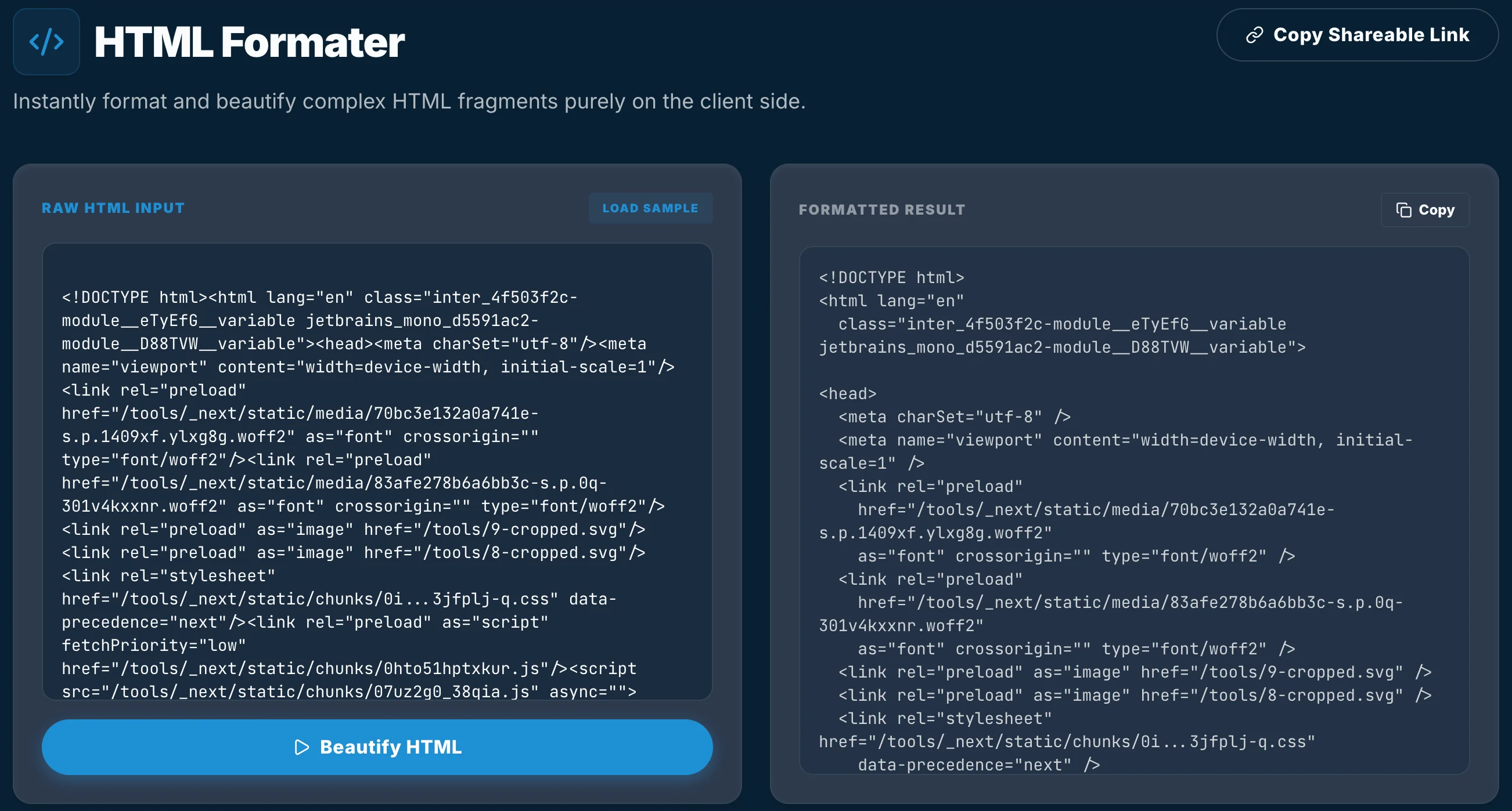 TiltStack HTML Formatter interface showing nested DOM tree beautification