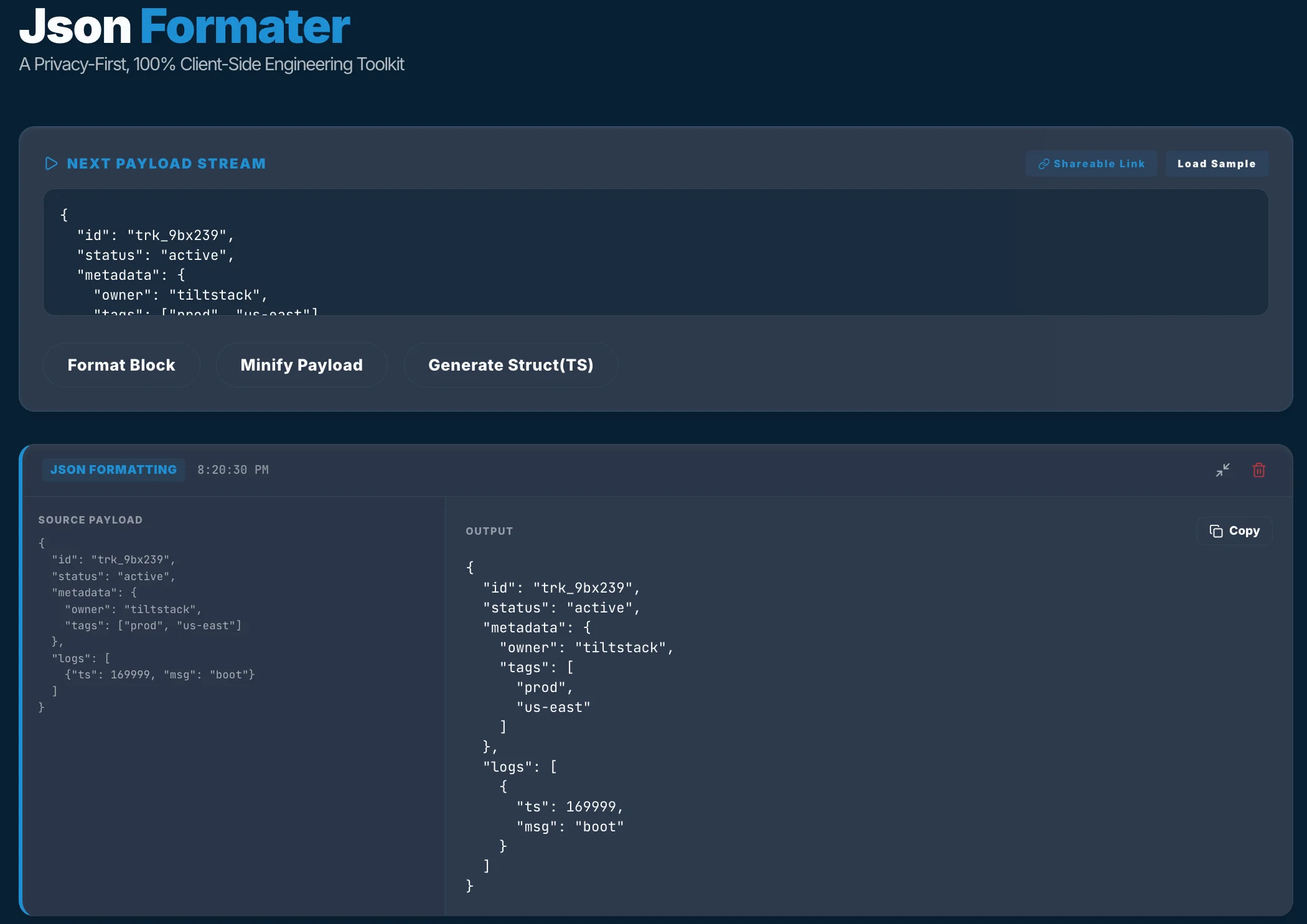 TiltStack JSON Formatter interface showing local JSON payload modeling