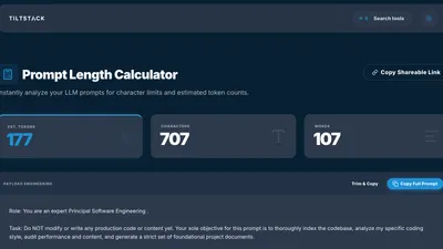 TiltStack Prompt Length Calculator tool showing EST. TOKENS: 176, CHARACTERS: 703, WORDS: 106 in a dark-mode developer UI