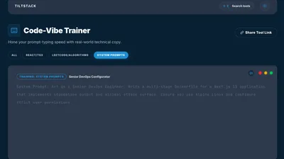 TiltStack Code Typing Trainer showing a LeetCode-style algorithm snippet with real-time WPM, accuracy, and Efficiency metrics