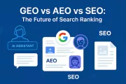 A futuristic interface showing AI assistants, traditional search results, and cited content ranking in parallel