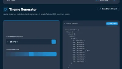 TiltStack Tailwind CSS Palette Generator showing a full 50–950 color scale generated from a custom brand hex code
