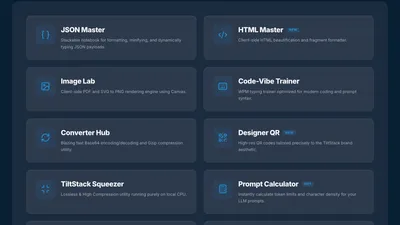 TiltStack DevSuite homepage showing the full suite of 11 browser-native developer tools