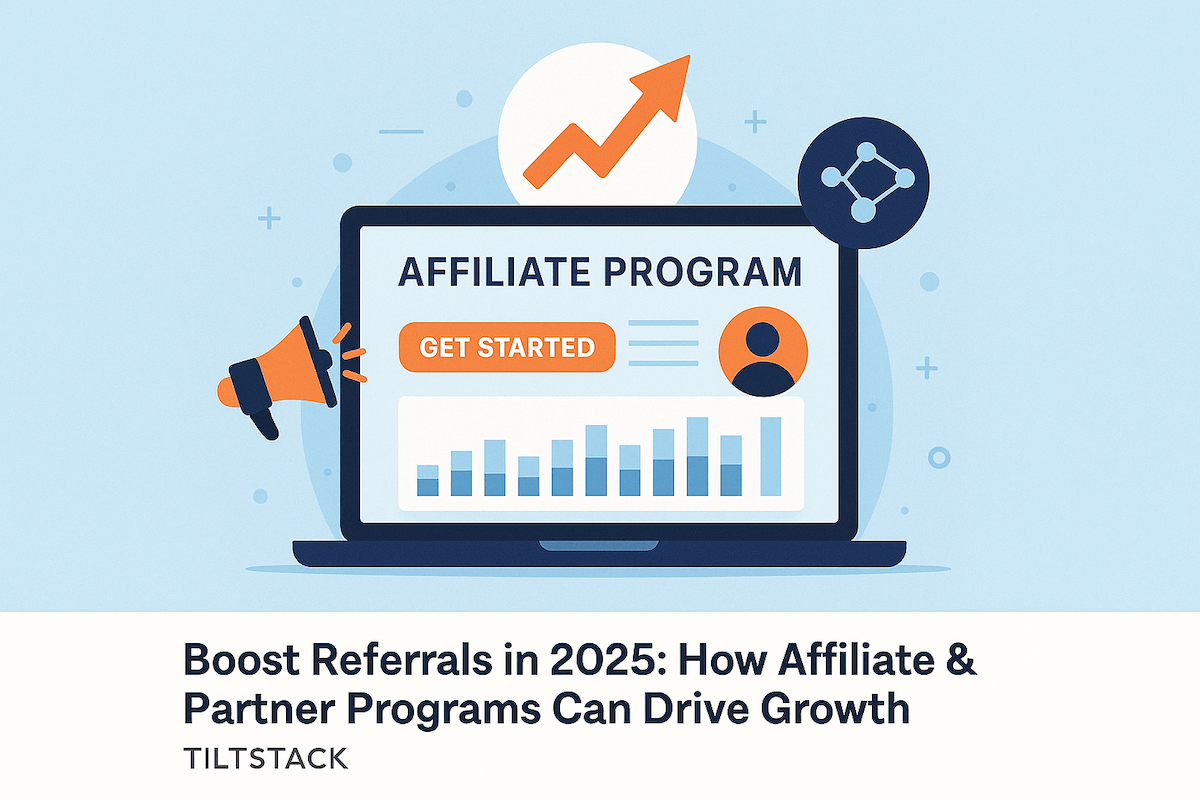 Dashboard showing affiliate referrals, sales performance, and payout settings for TiltLinks software