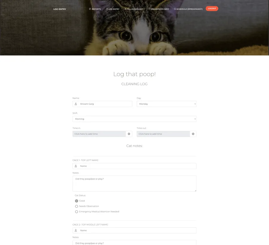 Furkids seven-cage shift log-entry form with per-cage status