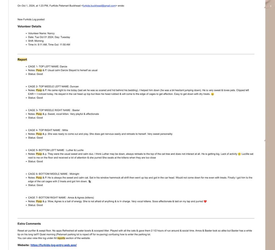 Automated Furkids shift report email with inline cat photos